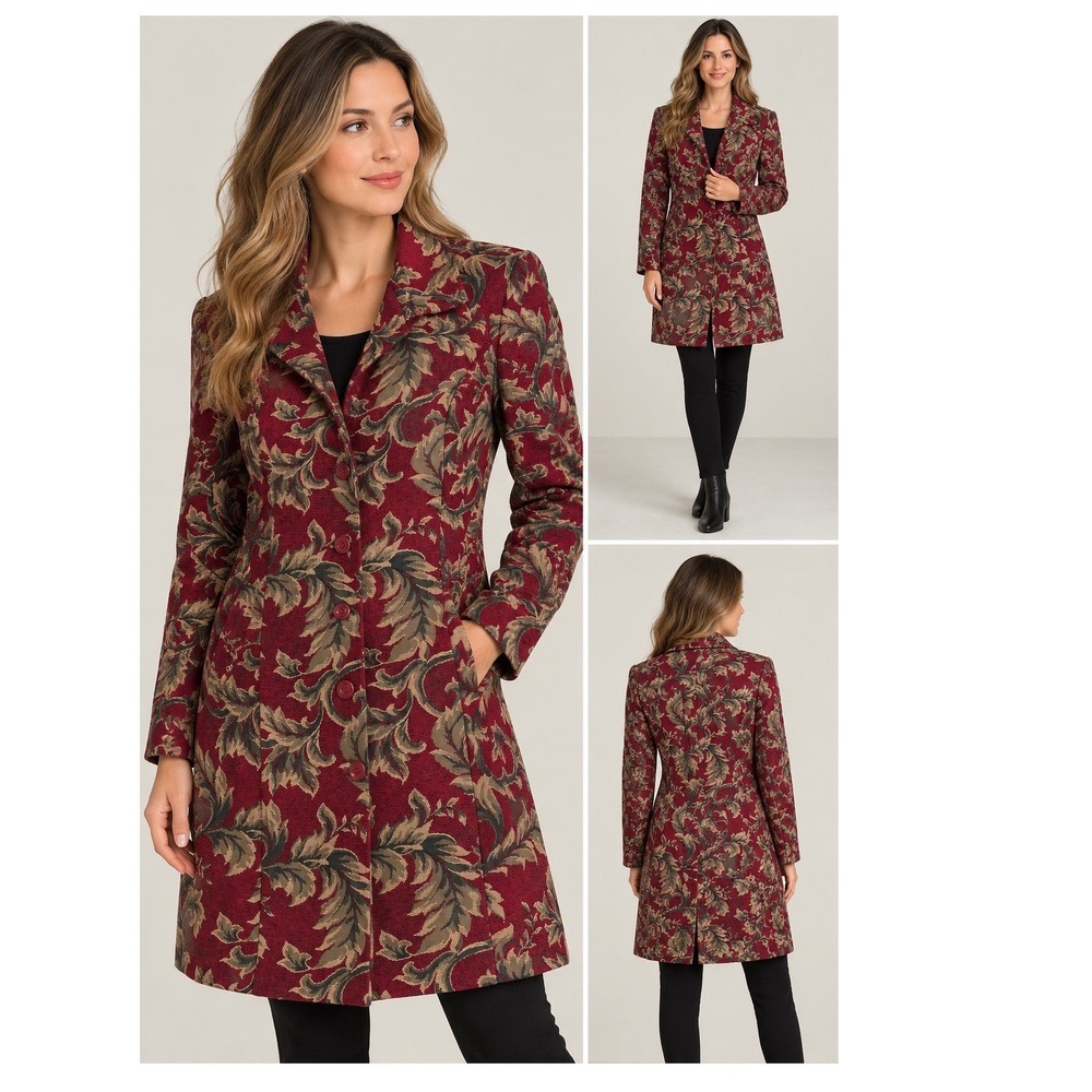 Portrait Womens Burgundy Red Floral Tapestry Longline Button Front Jacket Med